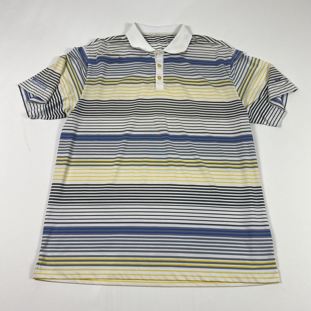 Nike Golf‎ Polo Shirt Mens 2XL White Gray Blue Yellow Striped Swoosh Cedarbrook